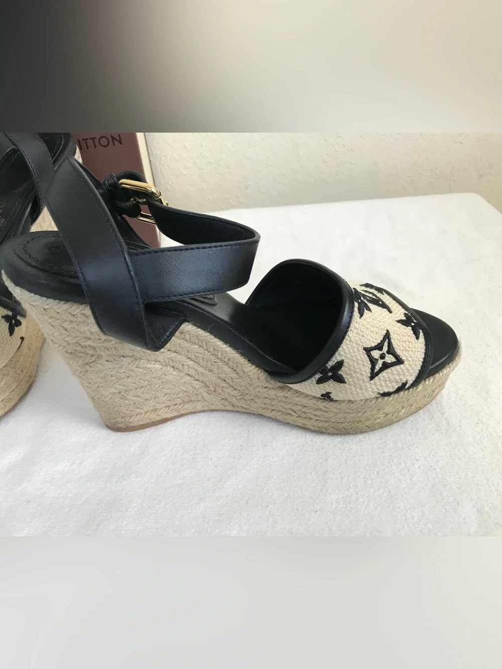 Louis Vuitton Black and Natural Monogram Espadrille Wedges - Picture 2 of 12